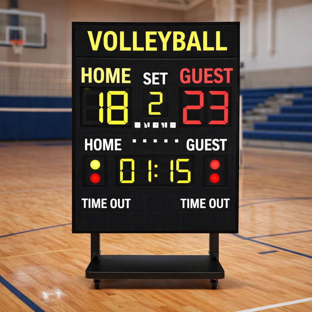 Volleyball scoreboard display on a rolling board
